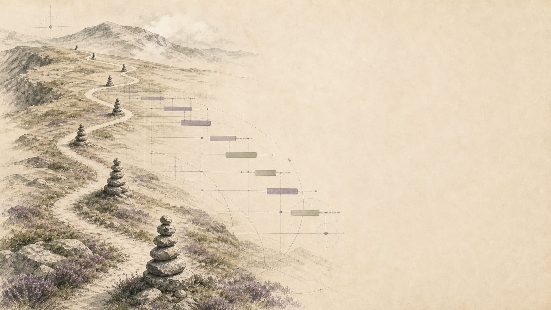 A winding highland path with milestone cairns beside a roadmap timeline