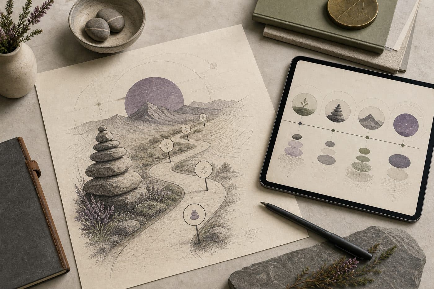 A workspace with a printed roadmap sheet, a tablet showing a phase timeline and a small cairn